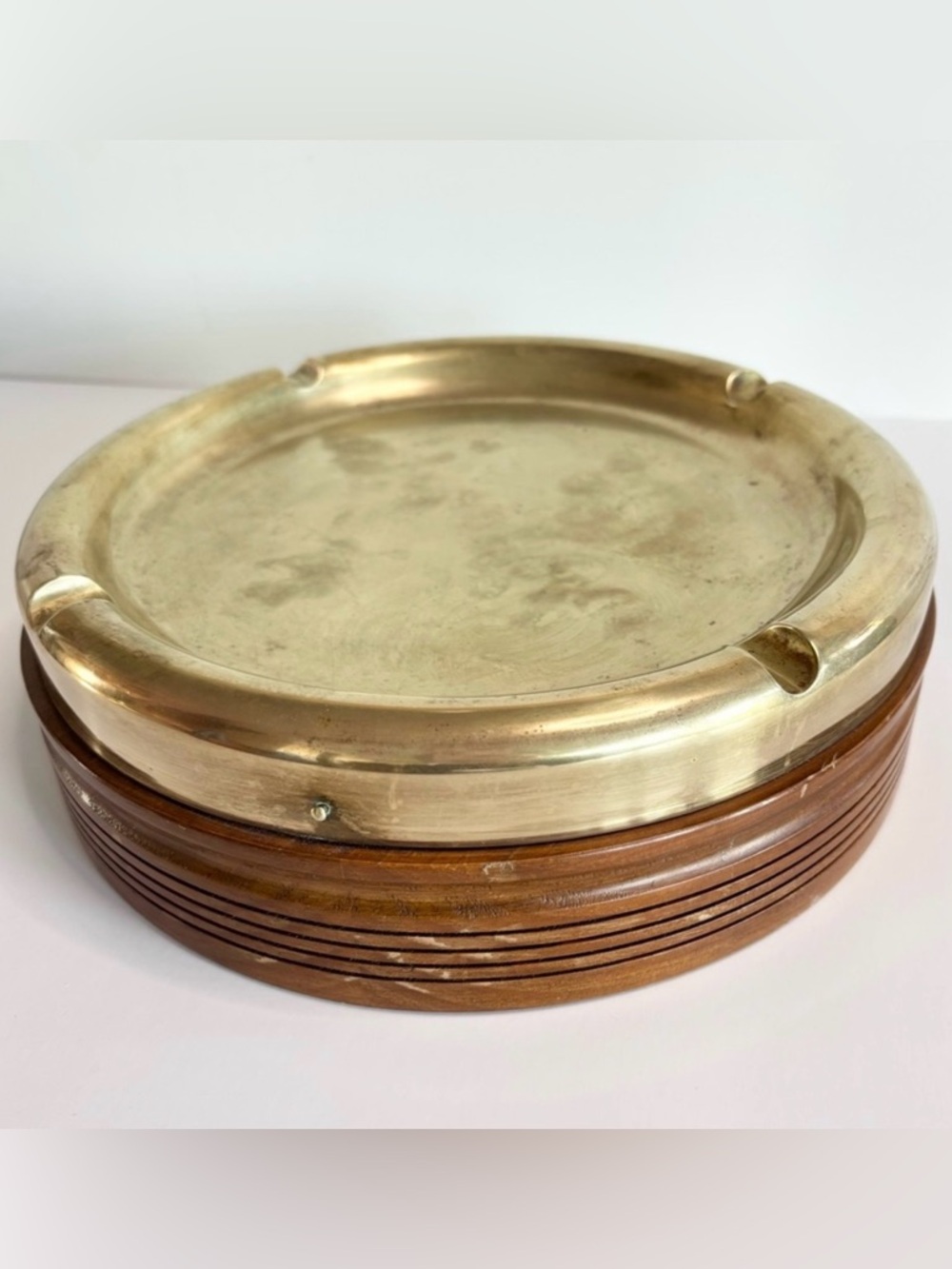 Large Vintage Brass Ashtray with Wooden Base Made in Spain MCM